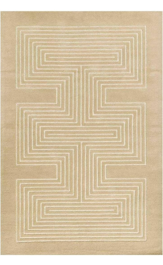 Beige Handmade Wool Rug – Modern Geometric Maze Pattern Carpet for Living Room & Bedroom