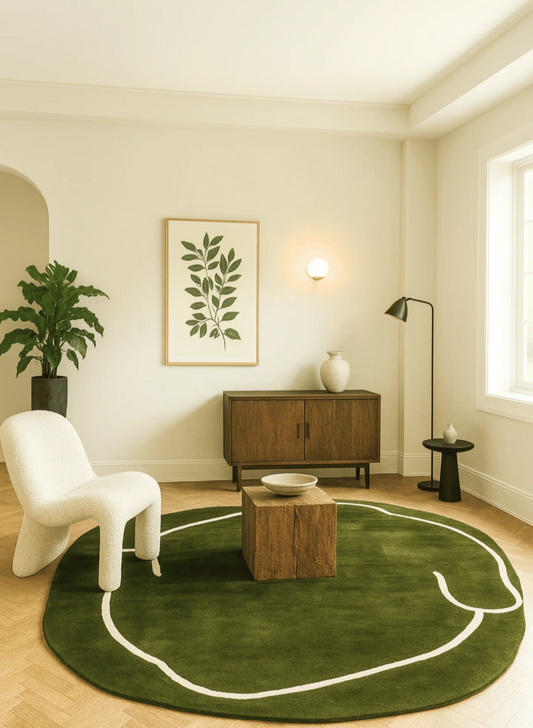 Modern Irregular Green Area Rug with White Abstract Line – Minimalist Contemporary Carpet for Living Room, Bedroom & Office Decor