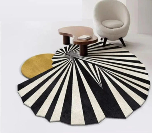 Modern Round Optical Illusion Rug | Black White Gold Abstract Handmade Carpet
