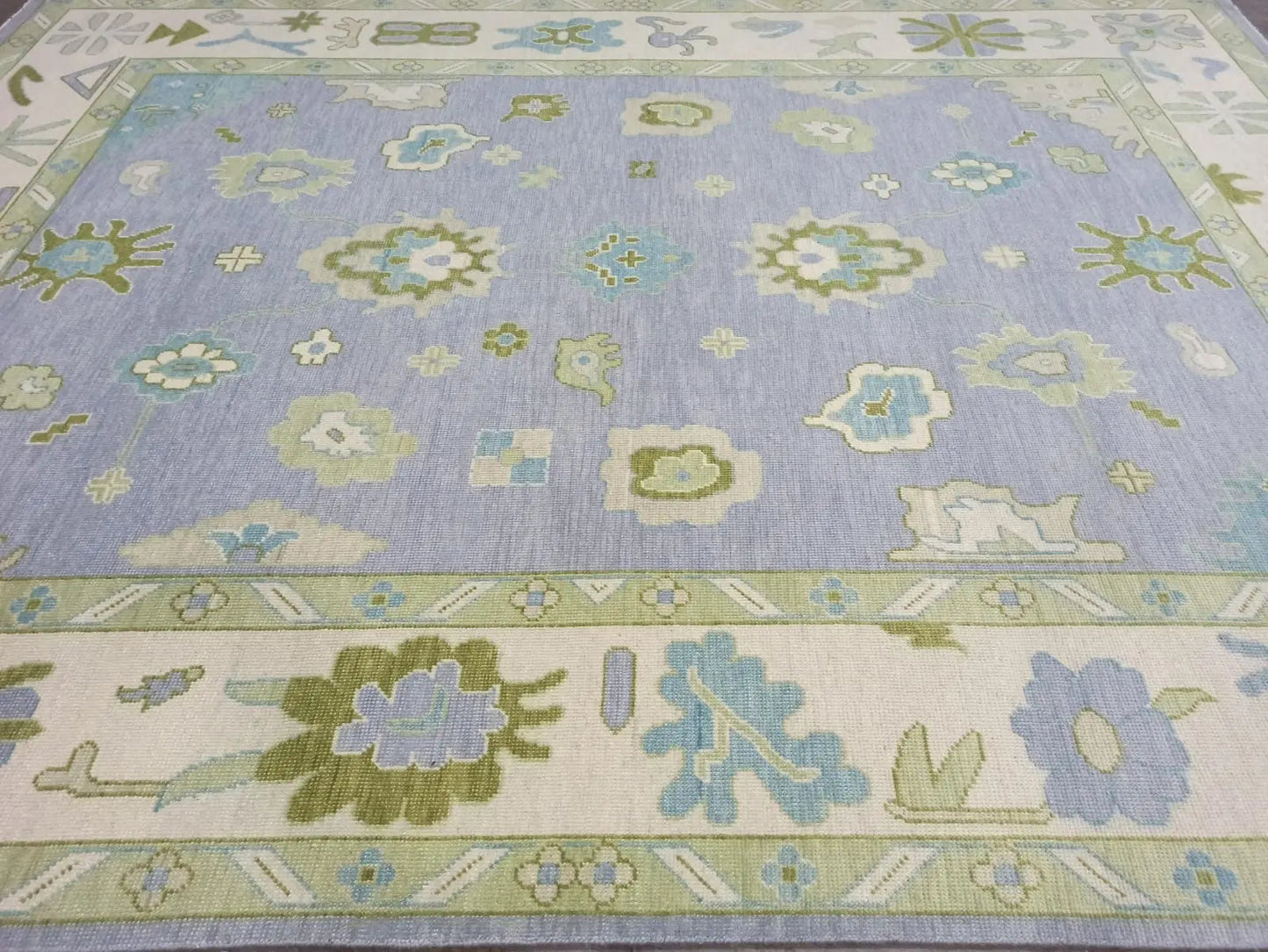 Light Blue & Green Hand Knotted Oushak Rug – Modern Turkish Wool Carpet | Soft Pastel Floral Area Rug for Living Room, Bedroom & Home Decor