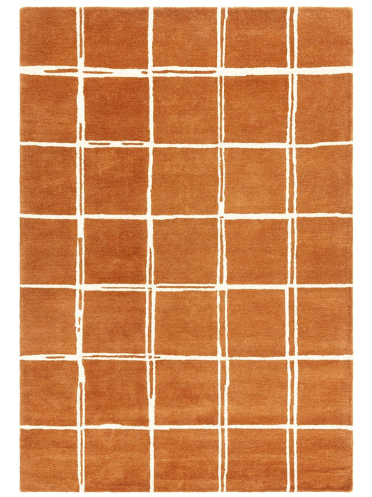 Modern Terracotta Grid Area Rug – Hand-Tufted Wool Carpet with Minimalist Checkered Pattern for Living Room, Bedroom & Office Decor
