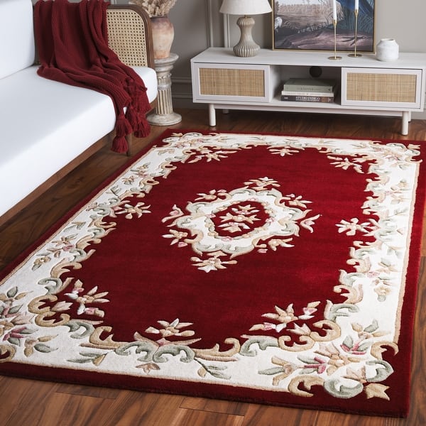 Red Aubusson Area Rug – Handcrafted Wool Carpet with Floral Border for Living Room & Bedroom Décor
