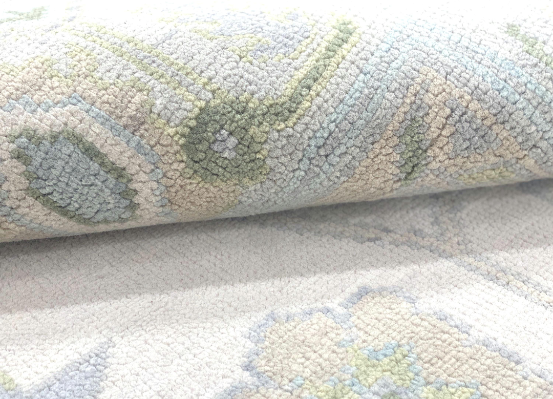 Handknotted Oushak Rug – Ivory Blue Green Turkish Area Rug, Traditional Handmade Wool Rug, Elegant Neutral Boho Home Decor