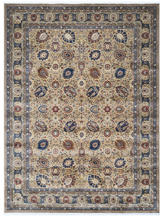Luxury Persian Silk Rug | Ivory Floral Medallion Design with Blue & Rust Accents | Authentic Oriental Silk Carpet