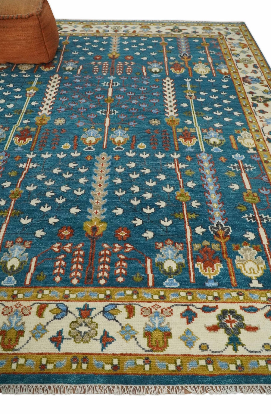 Hand-Knotted Oushak Rug in Teal Blue – Authentic Turkish Wool Oriental Carpet