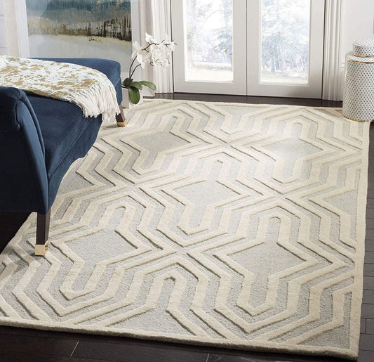 Modern Cream Geometric Wool Rug | 3D Textured Handmade Carpet for Living Room