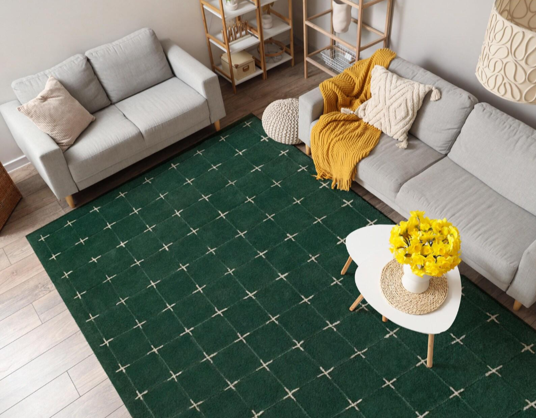 Modern Green Grid Area Rug with Cross Stitch Pattern – Minimalist Geometric Carpet for Living Room, Bedroom & Contemporary Home Décor