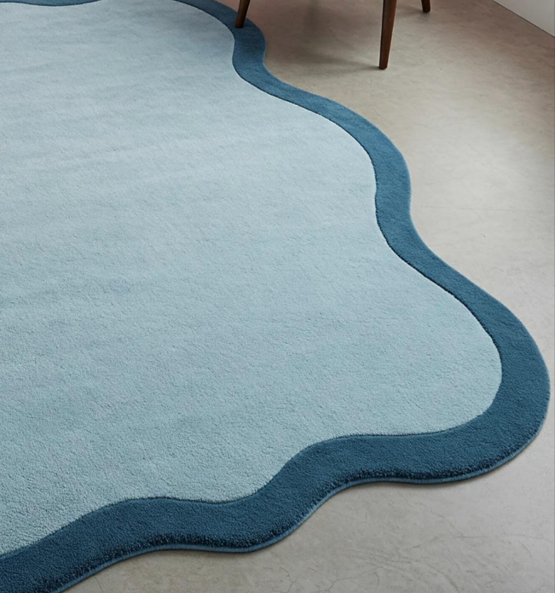 Blue Irregular Wavy Edge Area Rug – Soft Modern Carpet for Kids Room, Nursery, or Bedroom – Unique Playful Floor Mat