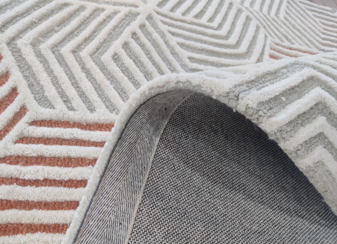 Handmade Geometric Wool Rug | Modern 3D Cube Pattern Area Carpet | Orange & Grey Contemporary Floor Rug for Living Room, Bedroom & Office