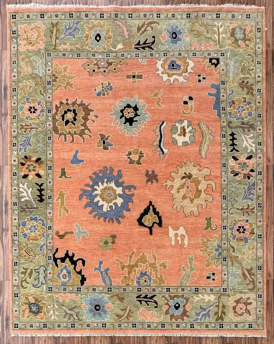 Hand Knotted Oushak Rug – Terracotta Turkish Wool Area Rug with Floral Motifs