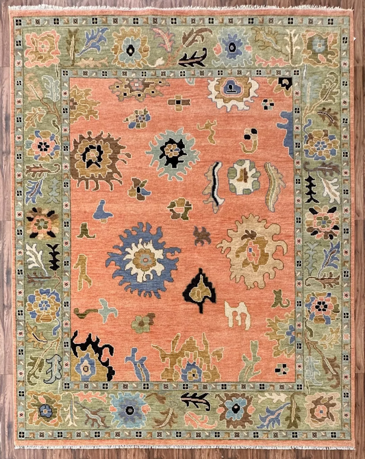 Hand Knotted Oushak Rug – Terracotta Turkish Wool Area Rug with Floral Motifs
