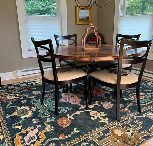 Hand-Knotted Oushak Rug – Deep Blue Multicolor Wool Area Rug, Turkish Oriental Design with Vibrant Motifs