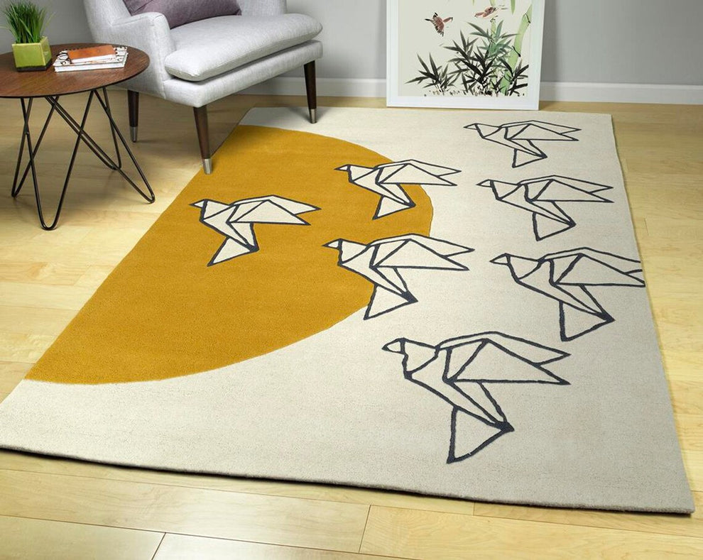Modern Minimalist Bird Design Rug – Hand Tufted Wool Carpet with Golden Sun & Origami Bird Pattern for Living Room & Bedroom Décor