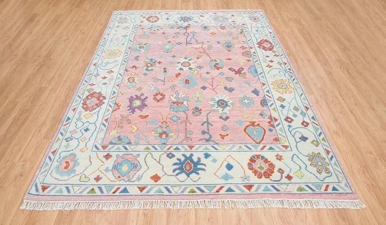 Hand Knotted Pink Oushak Rug – Modern Turkish Wool Area Rug | Soft Pastel Oriental Carpet, Boho Chic Living Room & Bedroom Decor