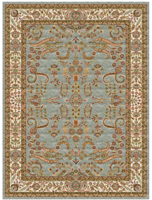 Luxury Persian Silk Area Rug – Soft Sage Green Floral Design with Elegant Traditional Border