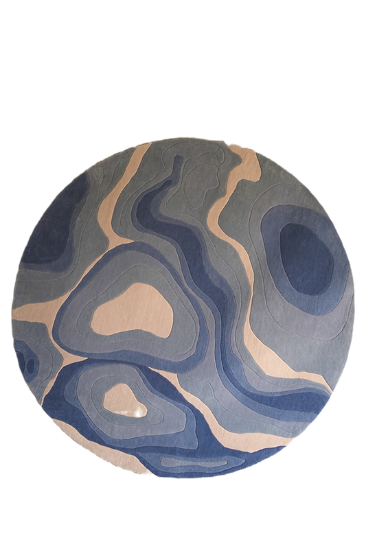 Round Abstract Blue Hand-Tufted Rug | Modern Artistic Wave Pattern Carpet for Living Room & Bedroom Decor