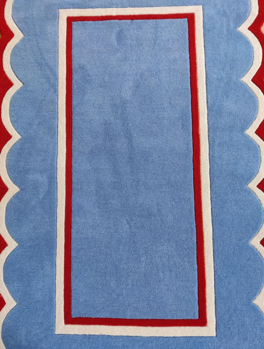 Handmade Blue Scalloped Edge Rug with Red Border | Modern Geometric Wool Carpet for Living Room, Bedroom & Kids Room