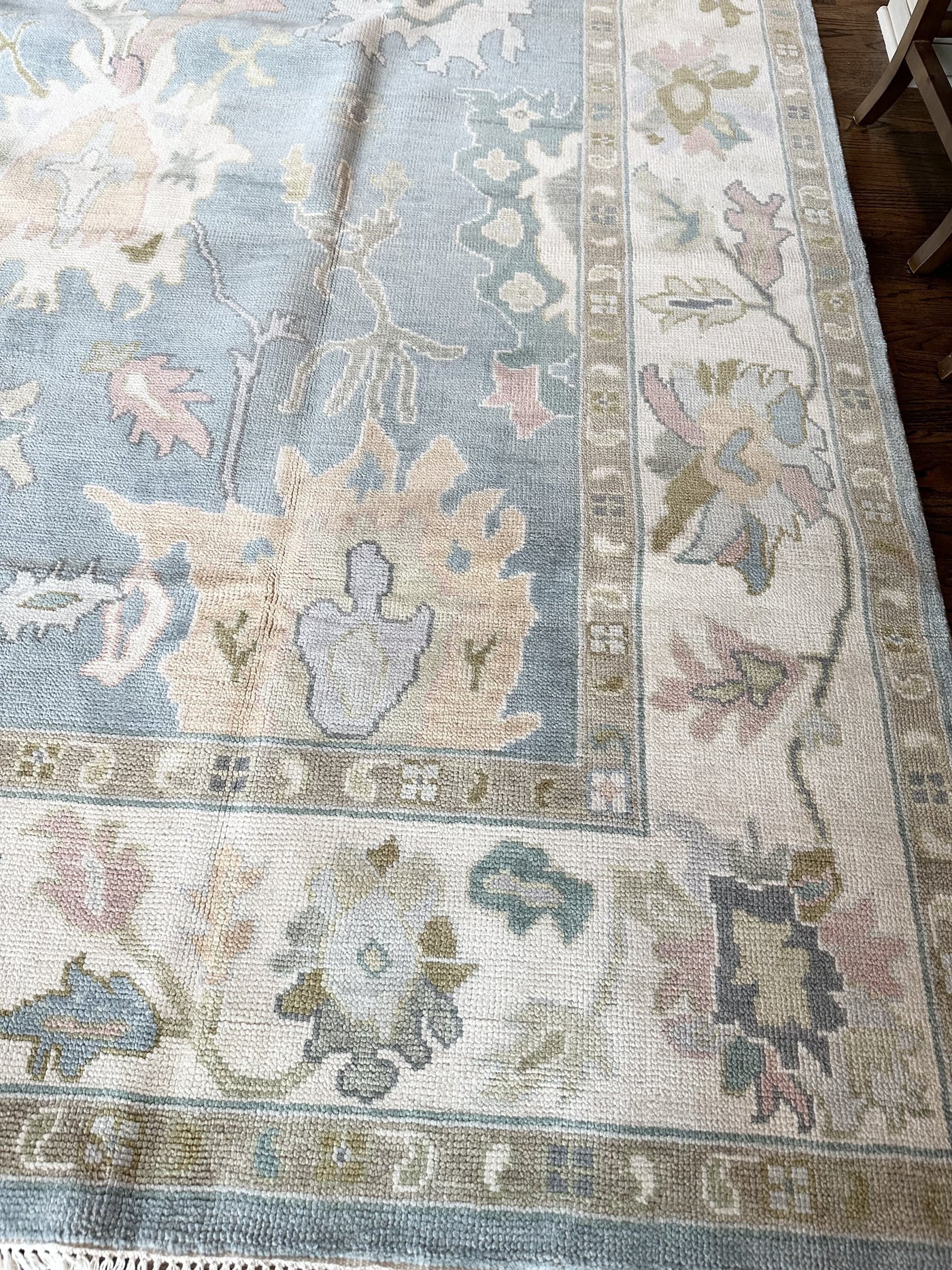 Hand Knotted Oushak Rug – Vintage Turkish Style Wool Area Rug, Soft Neutral Boho Carpet