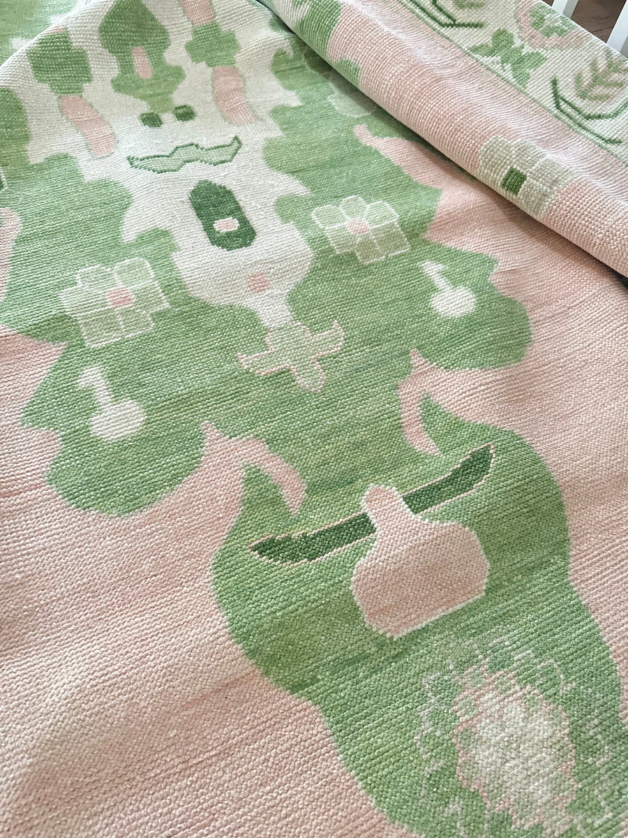 Handknotted Oushak Rug – Soft Pink & Green Turkish Wool Carpet | Vintage Pastel Area Rug for Living Room