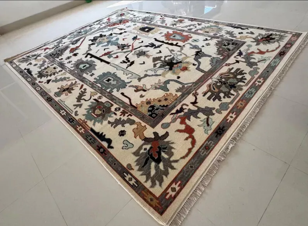 Ivory Oushak Area Rug – Hand Knotted Turkish Wool Carpet for Living Room Décor