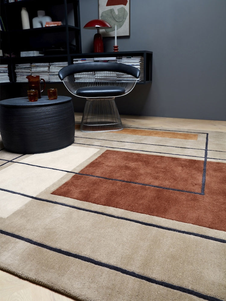 Modern Geometric Area Rug – Hand-Tufted Wool Carpet in Beige, Brown & Black with Overlapping Rectangle Design for Living Room, Bedroom & Office Decor