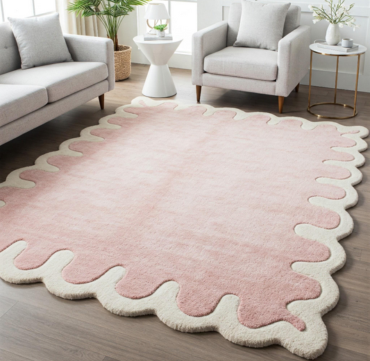 Modern Pink Wavy Edge Area Rug – Soft Plush Aesthetic Carpet for Living Room & Bedroom