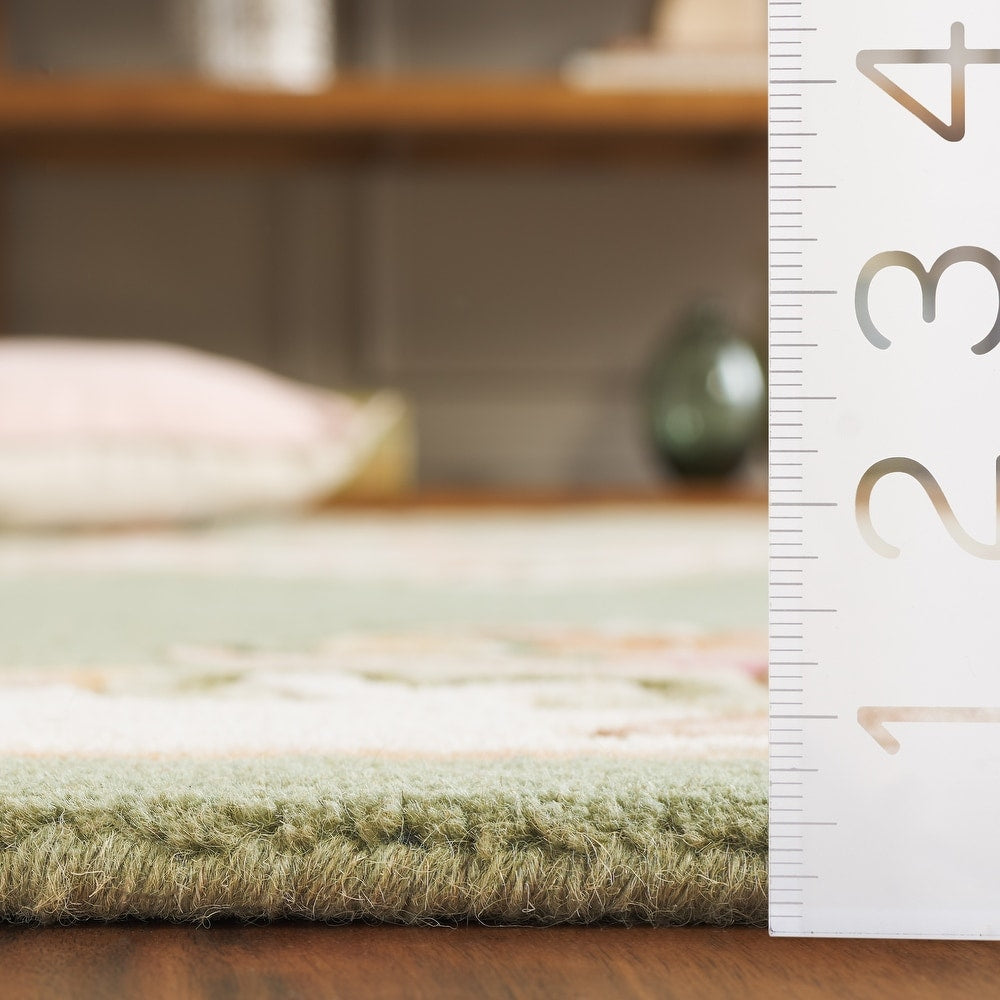 Classic Green Aubusson Area Rug – Handcrafted Wool Carpet with Ivory Floral Border for Elegant Living Room & Bedroom Décor