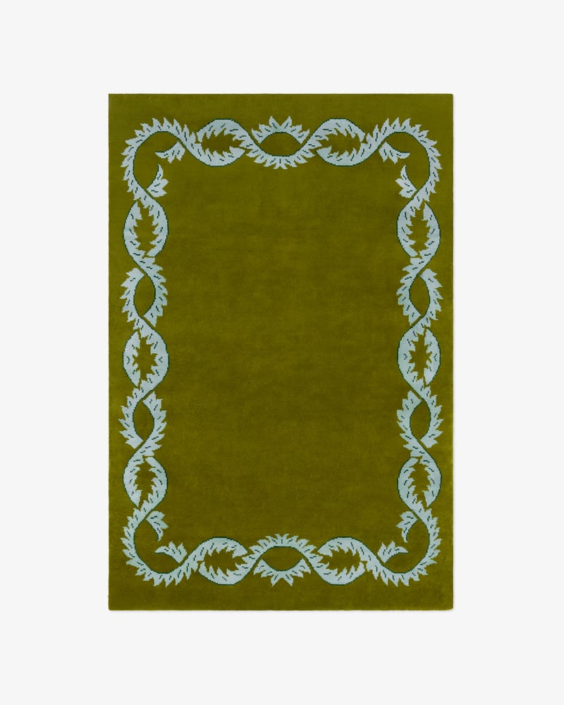 Olive Green Hand Tufted Rug with Botanical Leaf Border – Modern Luxury Area Rug, Handmade Wool Carpet for Living Room & Bedroom Decor