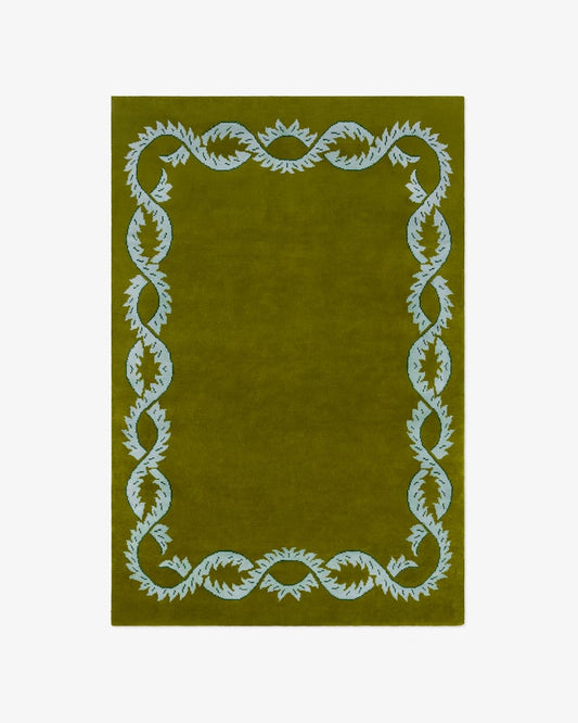 Olive Green Hand Tufted Rug with Botanical Leaf Border – Modern Luxury Area Rug, Handmade Wool Carpet for Living Room & Bedroom Decor