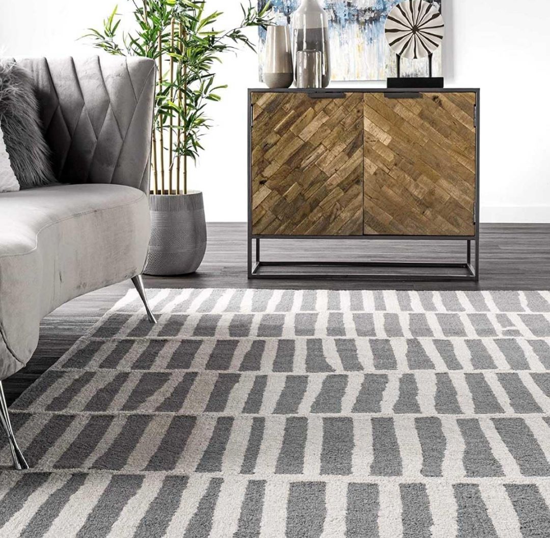 Modern Grey White Wool Rug Geometric Pattern Handmade Area Carpet for Living room
