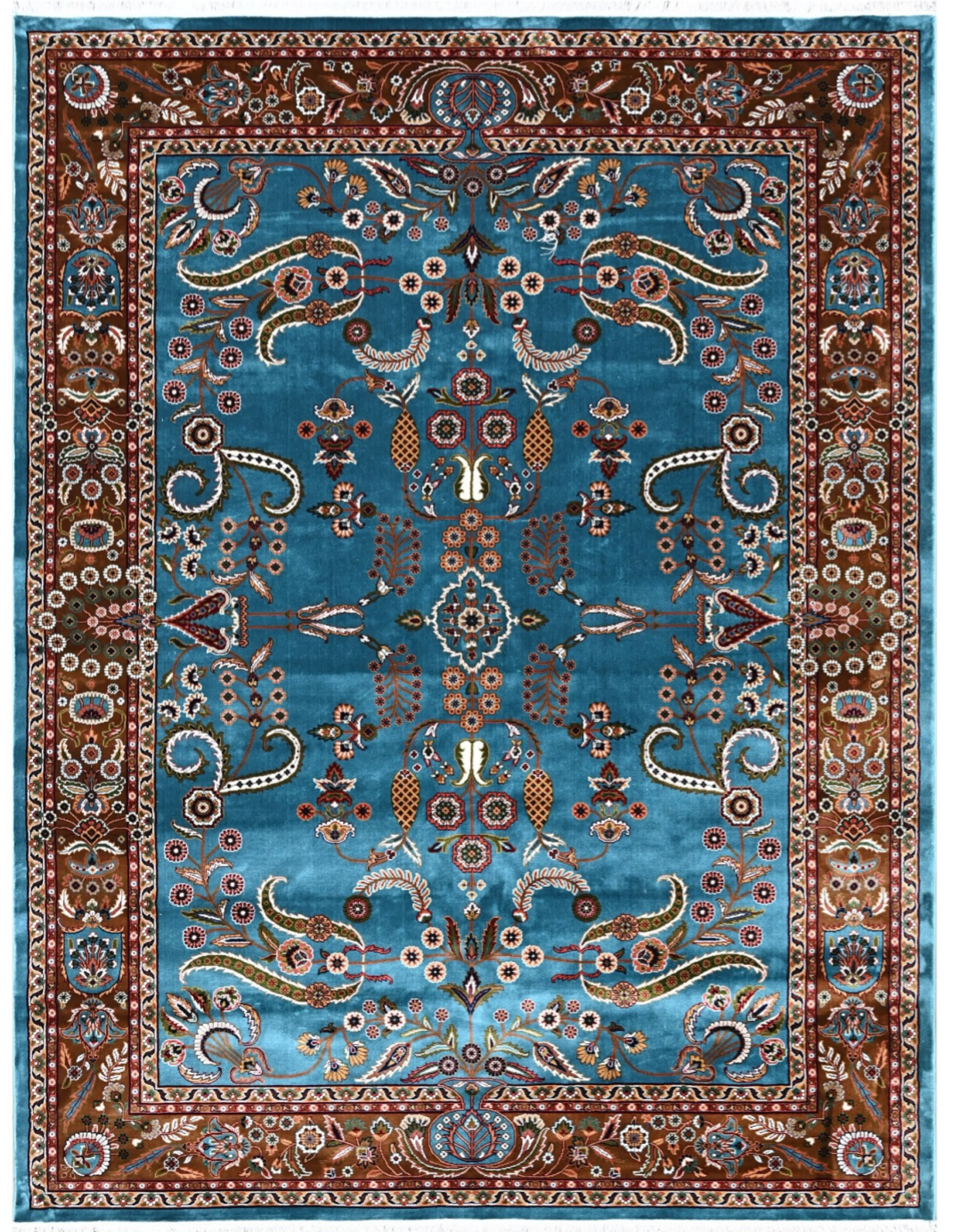 Luxury Persian Silk Area Rug – Turquoise Blue Floral Design with Rich Brown Traditional Border
