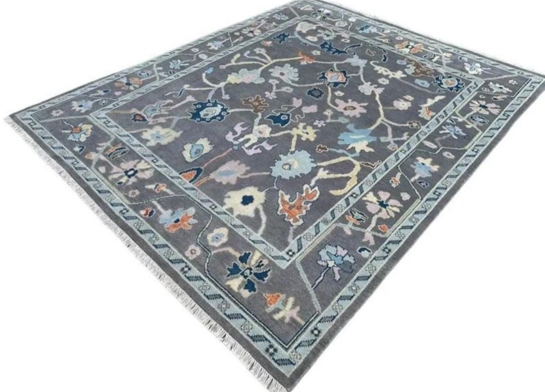 Modern Hand Knotted Oushak Rug – Grey & Blue Wool Area Carpet | Turkish Pastel Floral Design