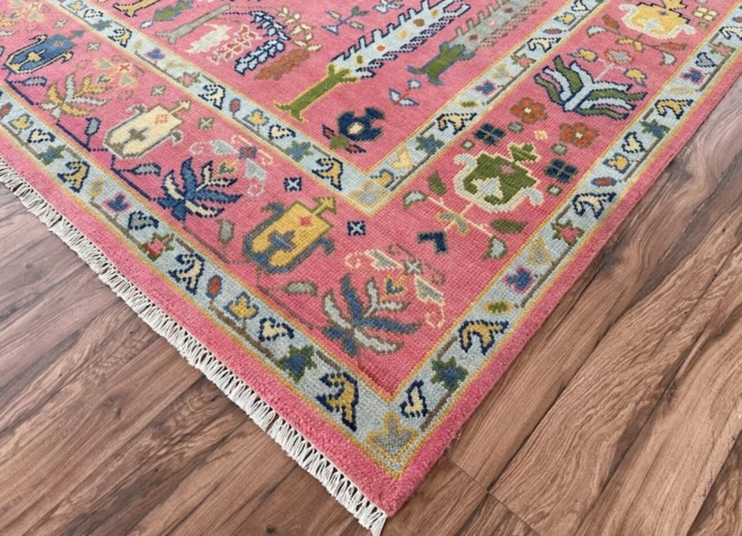 Handknotted Oushak Rug – Authentic Turkish Wool Carpet in Coral Pink | Luxury Handmade Oriental Area Rug