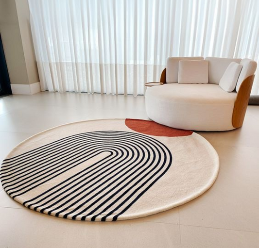 Modern Round Geometric Rug | Minimalist Abstract Carpet with Black Lines & Terracotta Accent for Living Room, Bedroom & Home Décor