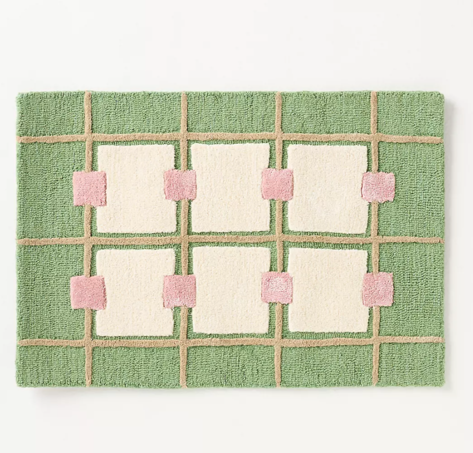Modern Geometric Bath Mat – Soft Cotton Rug with Pink & Green Checkerboard Design, Non-Slip & Absorbent – Aesthetic Bathroom Decor