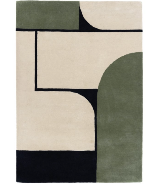 Modern Geometric Rectangle Rug – Hand-Tufted Wool Carpet | Green Black Beige Contemporary Area Rug for Living Room, Bedroom, Office