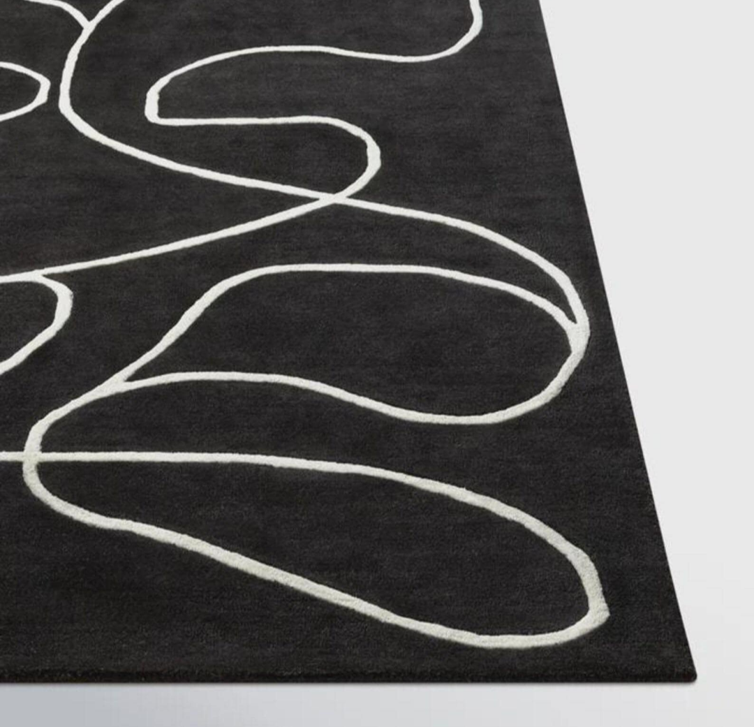 Modern Black Abstract Line Rug | Hand-Tufted Wool Carpet | Minimalist Contemporary Area Rug for Living Room & Bedroom Decor