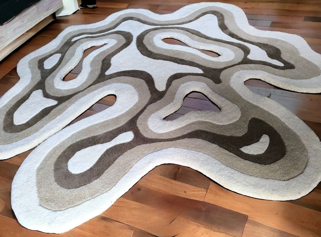 Abstract Irregular Tufted Rug | Modern Wavy Carpet | Handmade Neutral Earth Tone Mat