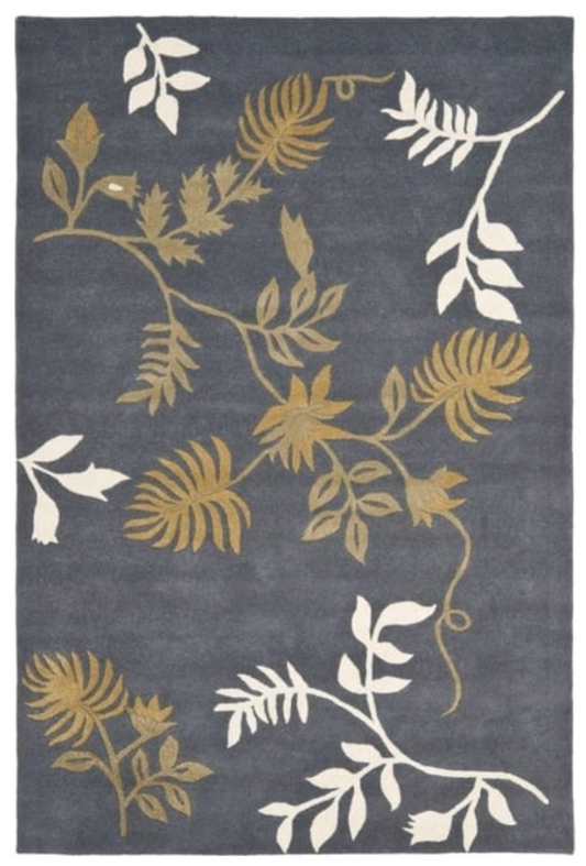 Dark Gray Area Rug with Gold & White Botanical Leaf Design – Elegant Floral Carpet for Living Room, Bedroom & Home Décor
