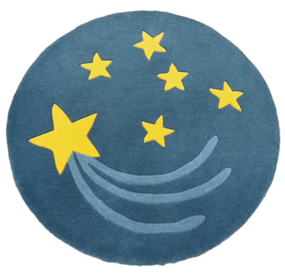 Kids Galaxy Round Rug – Handmade Wool Carpet with Shooting Stars Design in Blue & Yellow – Cozy Space Theme Floor Decor for Nursery & Playroom