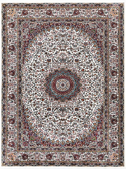 Luxury Persian Silk Rug with Elegant Ivory Medallion Design – Classic Floral Decorative Carpet