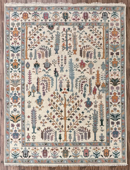 Hand Knotted Oushak Rug – Vintage Turkish Wool Area Rug | Bohemian Neutral Decor, Soft Pastel Oriental Carpet for Living Room or Bedroom