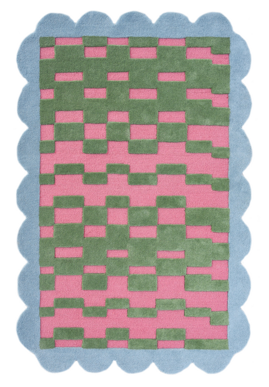 Handmade Modern Geometric Wool Rug – Pink & Green Checker Pattern with Blue Scalloped Border | Contemporary Accent Carpet