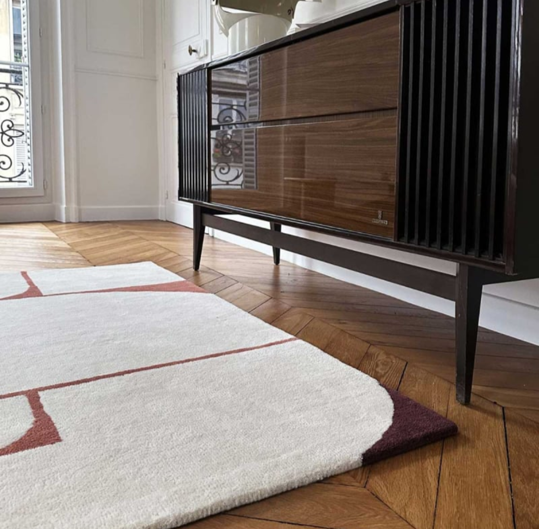 Modern Abstract Geometric Wool Rug | Hand-Tufted Minimalist Area Carpet | Cream Brown Burgundy Contemporary Design | Living Room Bedroom Decor