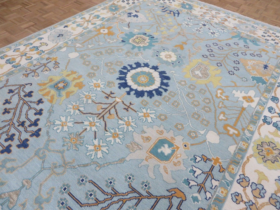 Luxury Hand-Knotted Oushak Rug – Sky Blue Turkish Wool Carpet with Floral Motifs