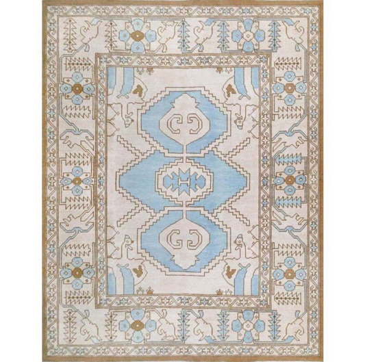Hand-Knotted Oushak Rug – Light Blue & Ivory Wool Area Rug, Geometric Turkish Oriental Design