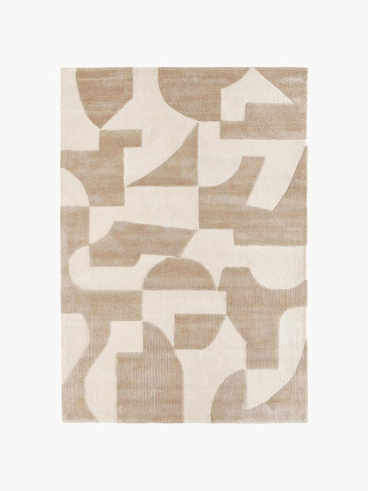 Modern Geometric Beige & Ivory Wool Rug – Hand Tufted Abstract Area Carpet for Living Room & Bedroom Décor