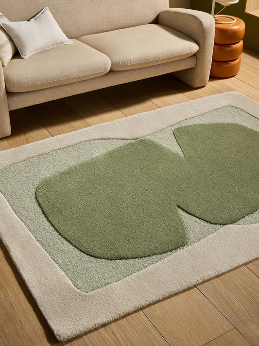 Modern Abstract Green Area Rug – Hand-Tufted Wool Carpet with Minimalist Organic Shapes for Living Room & Bedroom Decor