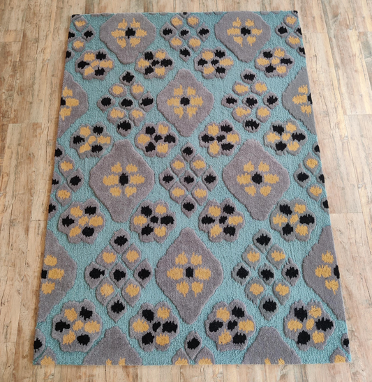 Handmade Wool Geometric Rug | Modern Blue & Grey Area Carpet with Yellow Accents | Contemporary Abstract Pattern Floor Rug for Living Room & Bedroom