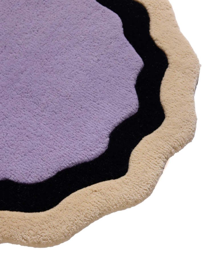 Whimsical Wavy Edge Round Rug – Hand-Tufted Purple, Black & Beige Modern Carpet for Living Room, Bedroom, or Nursery Décor